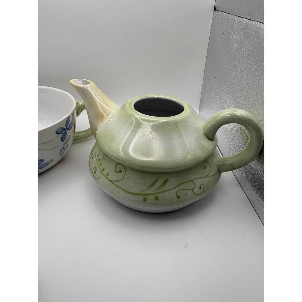 Tracy‎ Porter Hand Painted Ceramic Tea For One Set Stacking Teapot and Cup Green
